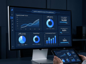 Social Media Marketing Strategies for Small Businesses illustrated with Instagram analytics, performance charts, and social media growth metrics on digital devices.