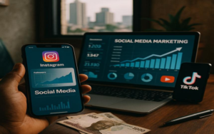 Social Media Marketing Strategies for Small Businesses displayed through a digital marketing analytics dashboard showing engagement, traffic sources, conversions, and campaign performance.